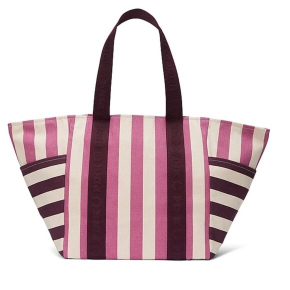 Victoria's Secret Striped Carry On Large Canvas Zipper Beach Tote NEW MSRP $49 - Picture 13 of 14
